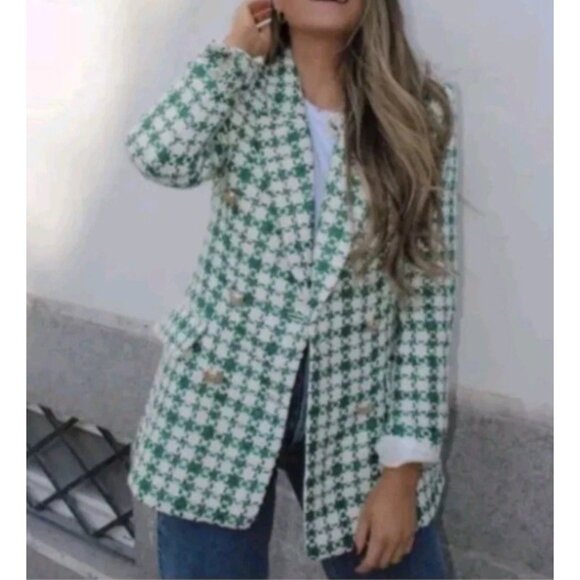 Zara Green Tweed Oversized Double Breasted Blazer Jacket Blogger’s Fave L Large - Picture 11 of 16